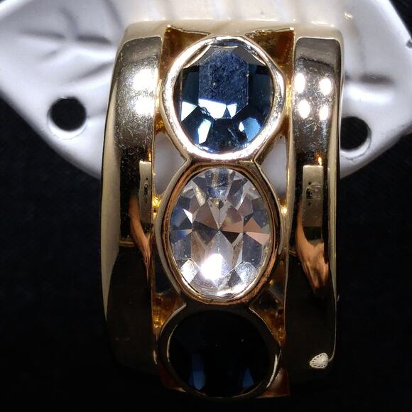 Vintage S.A.L. Swarovski Blue & Clear Rhinestone Clip Earring Hoops - Picture 3 of 10